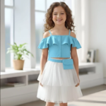 littlejoye Baby Girls Below Knee Party Dress (Blue, White, Fashion Sleeve)