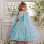 littlejoye Girls Midi/Knee Length Festive/Wedding Dress (Light Blue, Fashion Sleeve) - Image 3