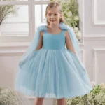 littlejoye Girls Midi/Knee Length Festive/Wedding Dress (Light Blue, Fashion Sleeve)