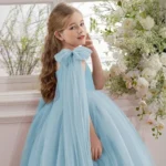 littlejoye Girls Midi/Knee Length Festive/Wedding Dress (Light Blue, Fashion Sleeve) - Image 4